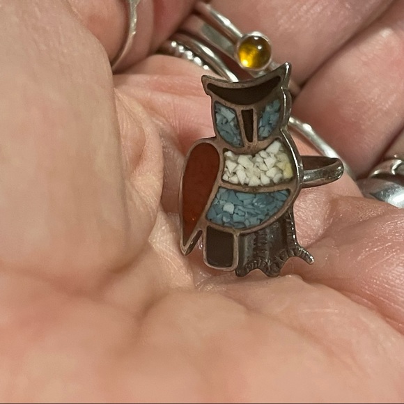 Vintage Native American Sterling silver chip inlay OWL ring sz 5 - Picture 6 of 8